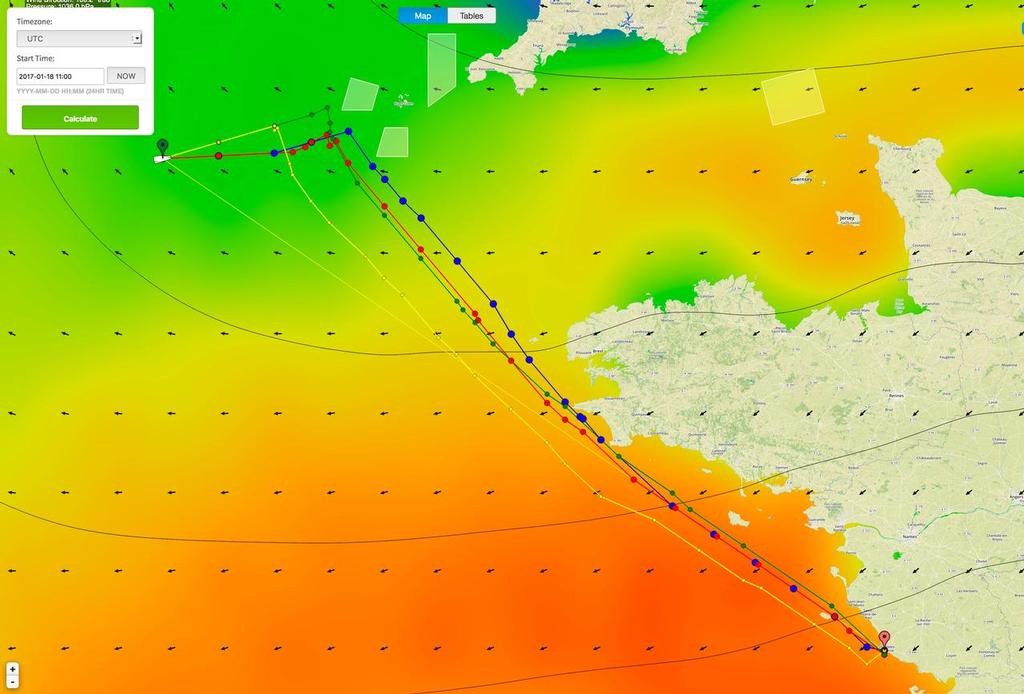 Predictwind’s optimised courses for the final day of the 2016/17 Vendee Globe race. © PredictWind http://www.predictwind.com
